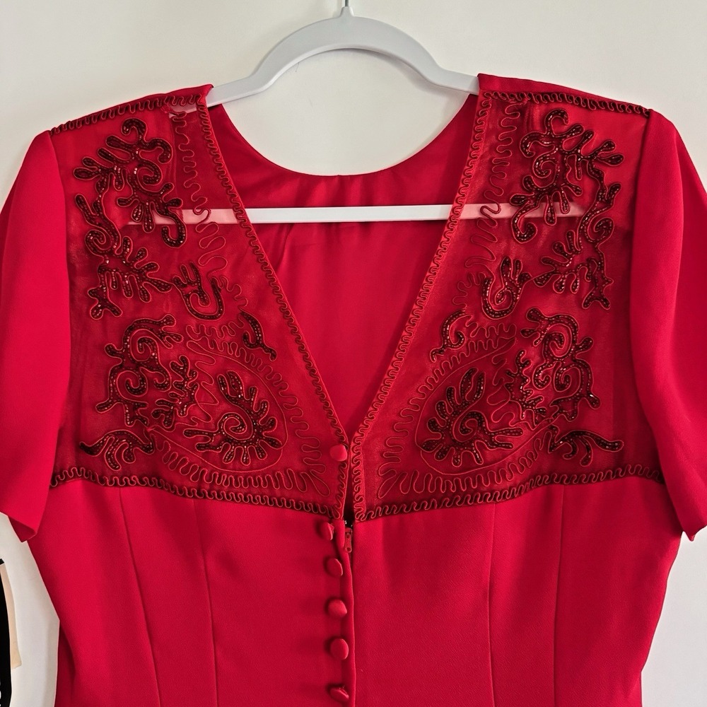 Donna Morgan Vintage Deadstock Dress 10 Red Beaded Back Button Holiday Christmas